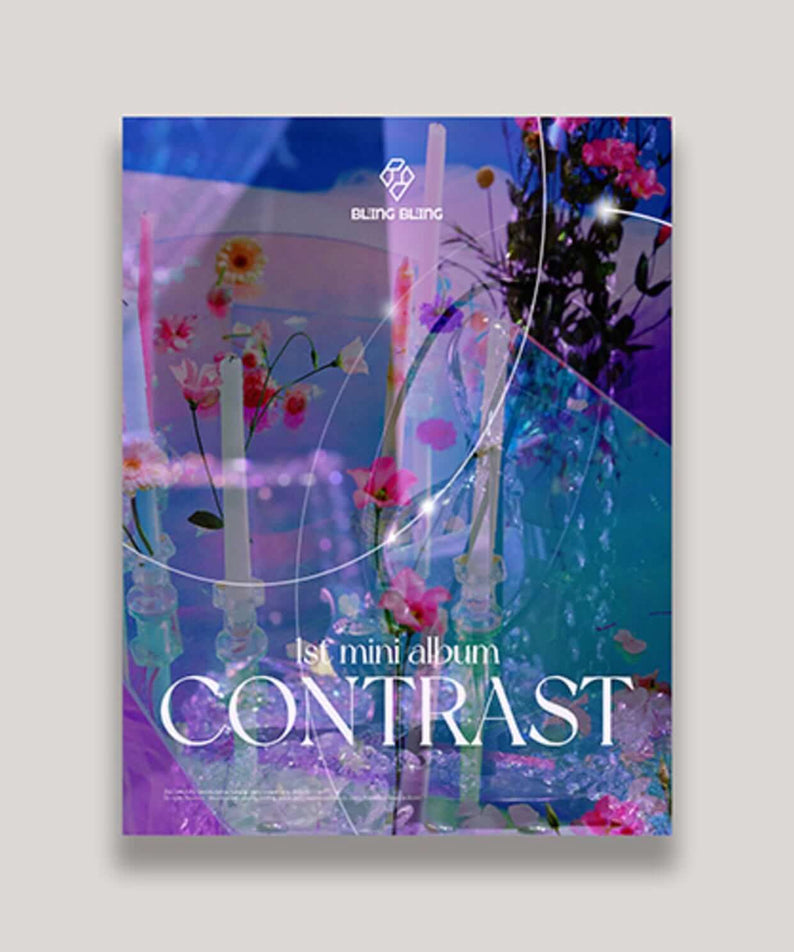 BLING BLING - 1st Album [CONTRAST] - Album Kpop, jaquette fleurs violettes et décorations scintillantes BLING BLING