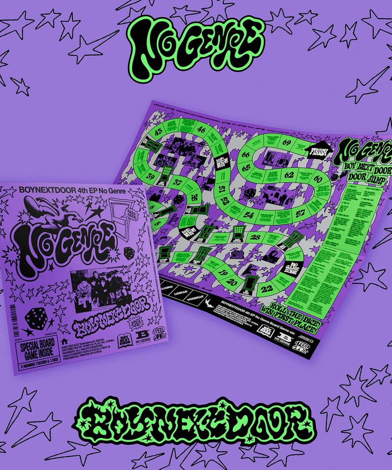 BOYNEXTDOOR - [No Genre] (Board Game ver.) - Album Kpop : visuel jeu de société sur fond violet avec étoiles, marque BOYNEXTDOOR