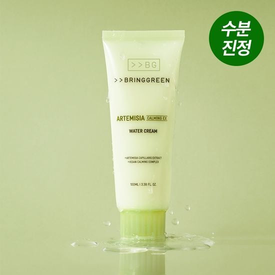 Décris l'image en français en mentionnant le produit, la marque et le contexte visuel: BRINGGREEN Artemisia Calming EX Water Cream 100ml.