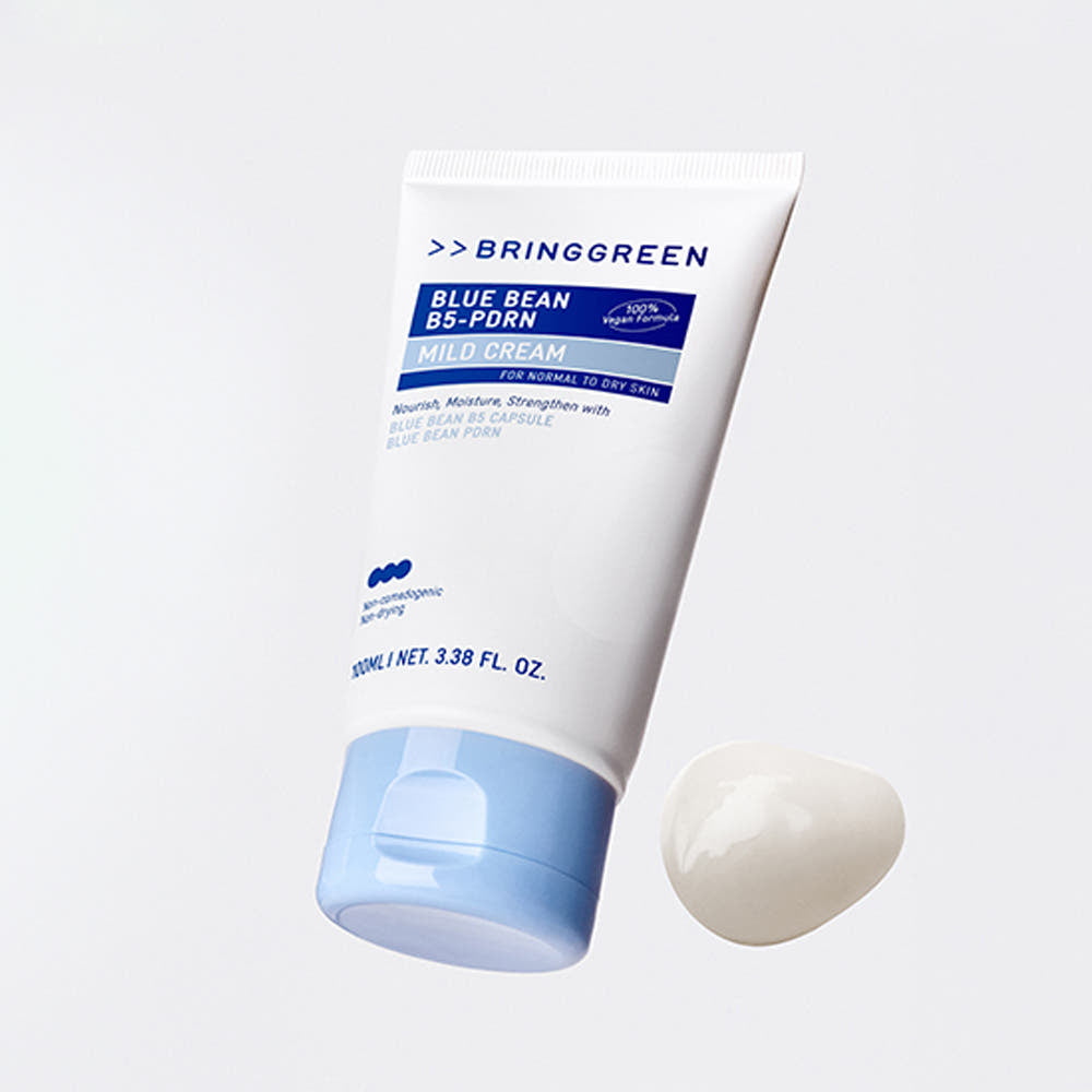 BRINGGREEN Blue Bean B5-PDRN Mild Cream 100ml de la marque BRINGGREEN, crème douce en tube bleu sur fond clair.