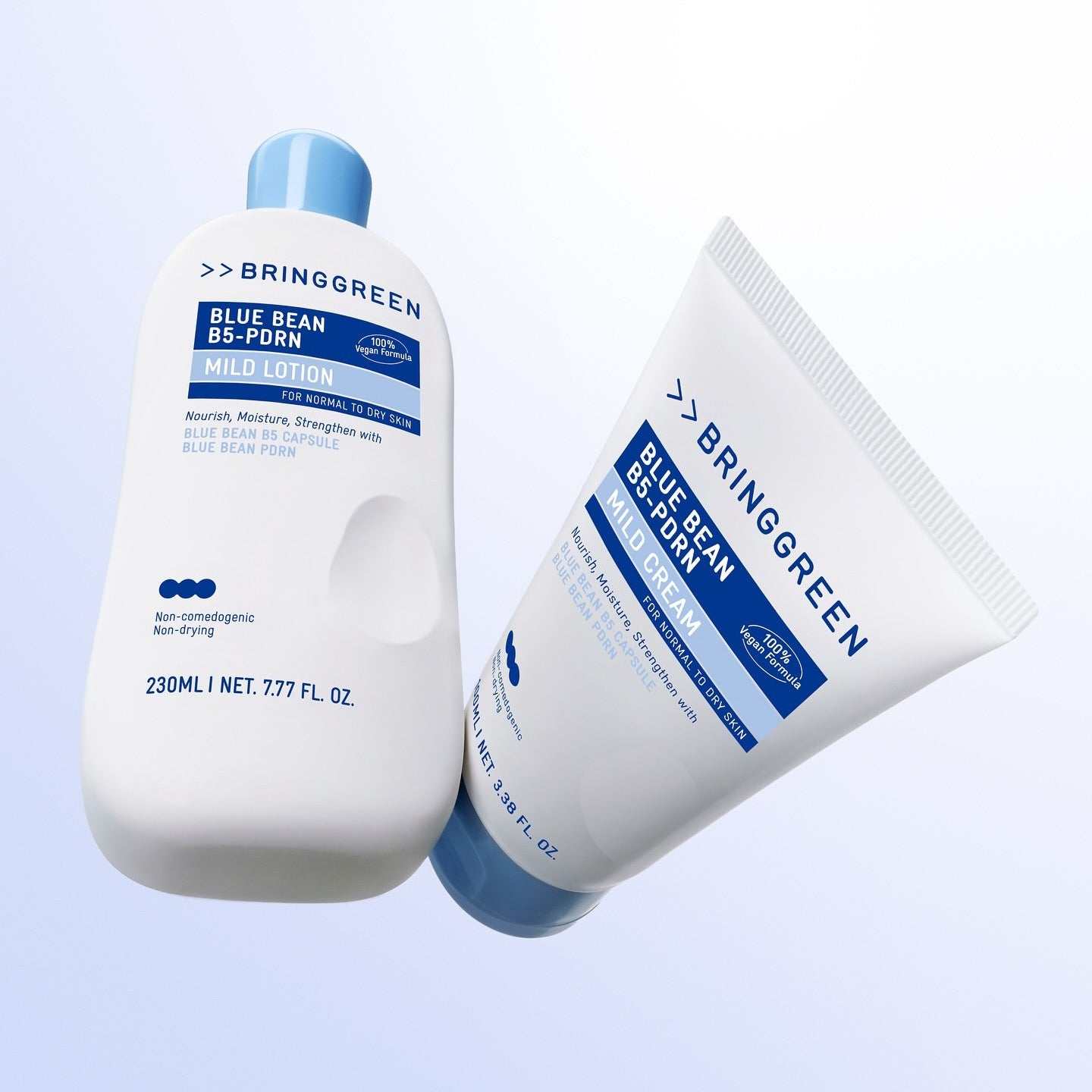 BRINGGREEN Blue Bean B5-PDRN Mild Cream 100ml, crème apaisante de la marque, vue sur fond clair, flacons et tube bleus.