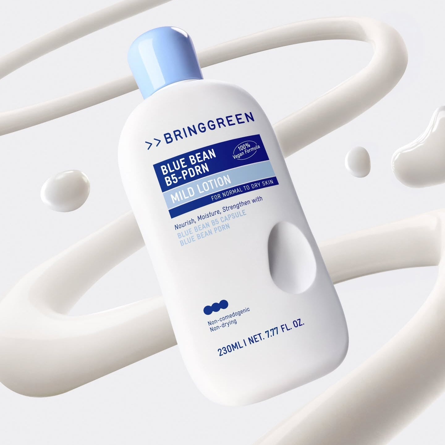 BRINGGREEN Blue Bean B5-PDRN Mild Lotion 230ml de la marque BRINGGREEN, bouteille bleue sur fond blanc, textures crémeuses