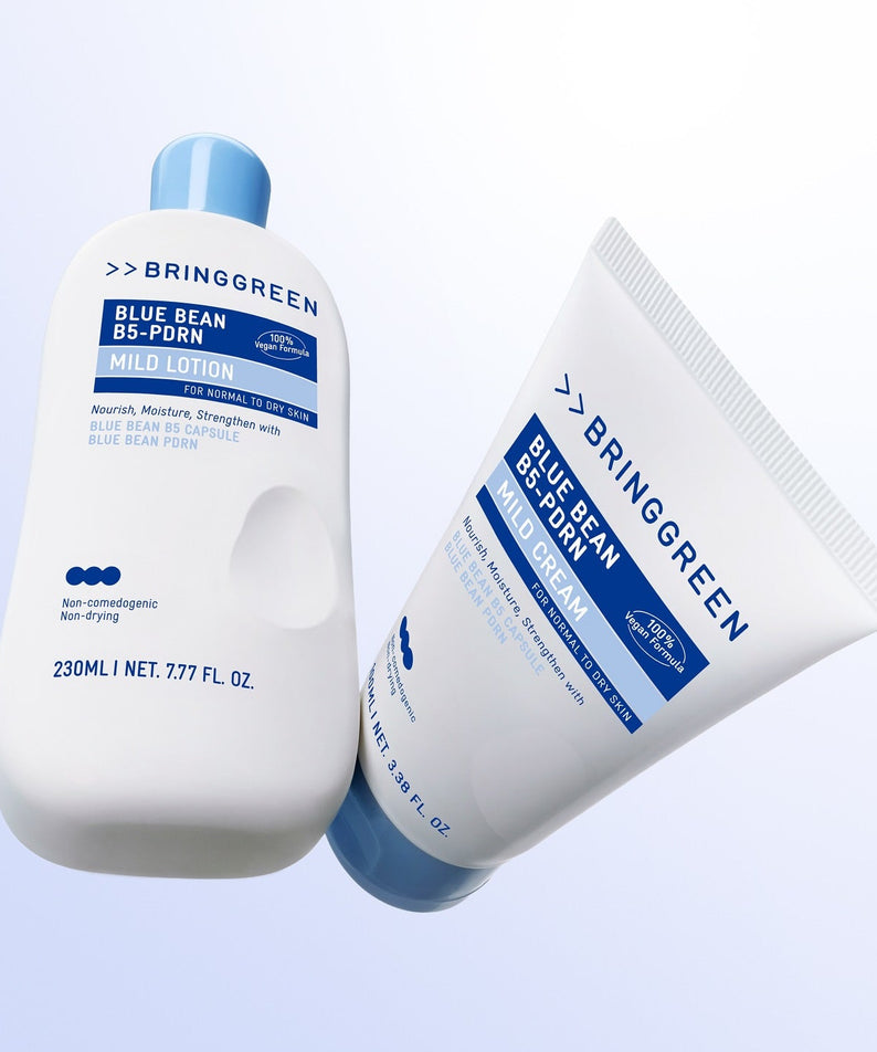 BRINGGREEN Blue Bean B5-PDRN Mild Lotion 230ml, flacon et tube bleus sur fond blanc, marque BRINGGREEN