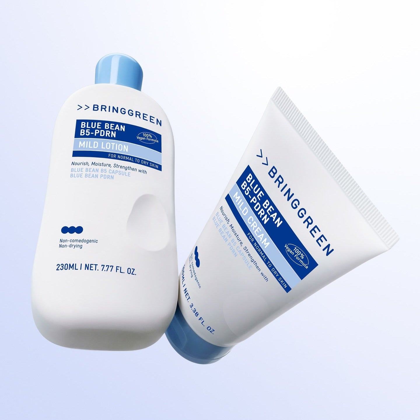 BRINGGREEN Blue Bean B5-PDRN Mild Lotion 230ml, flacon et tube bleus sur fond blanc, marque BRINGGREEN