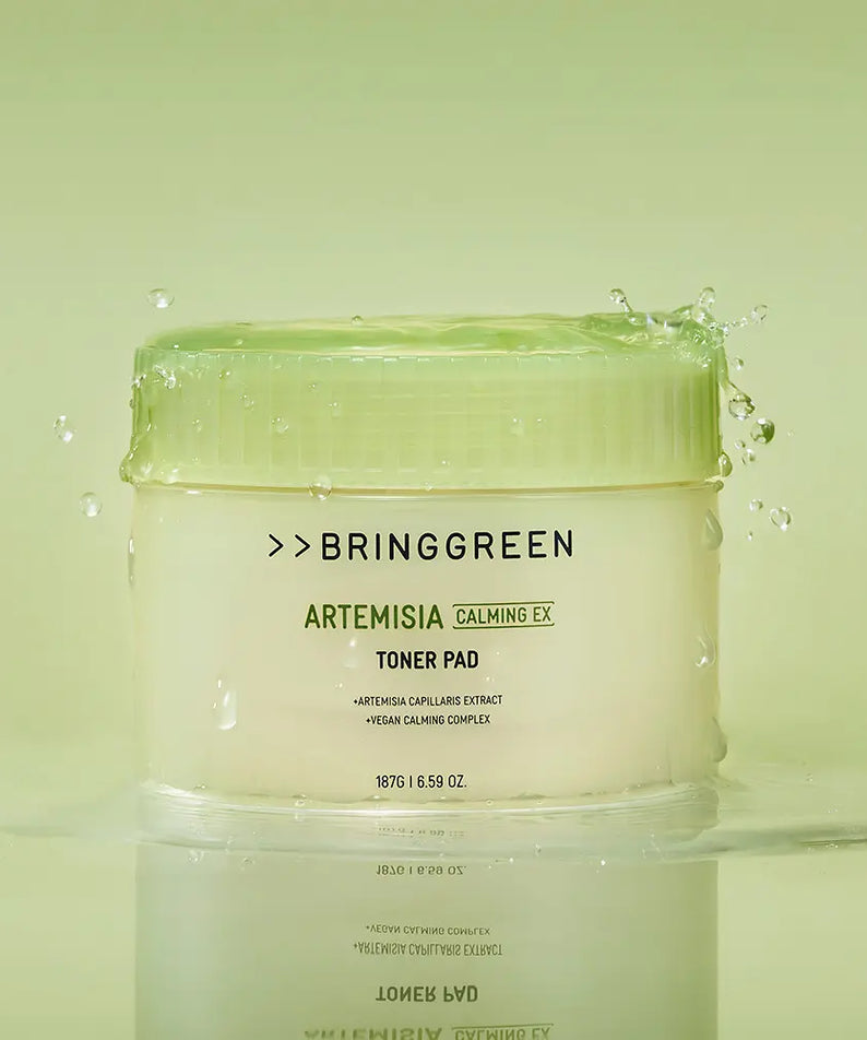 BRINGGREEN Mugwort Calming EX Toner Pads 75 Sheets, pads tonifiants au mugwort sur fond vert, présentation produit marque