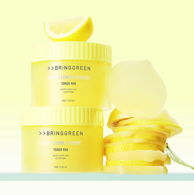 BRINGGREEN Super Lemon Glutathione Toner Pads 90 Pads + 90 Pad Refill Set, marque BRINGGREEN, rondelles citron/vert.