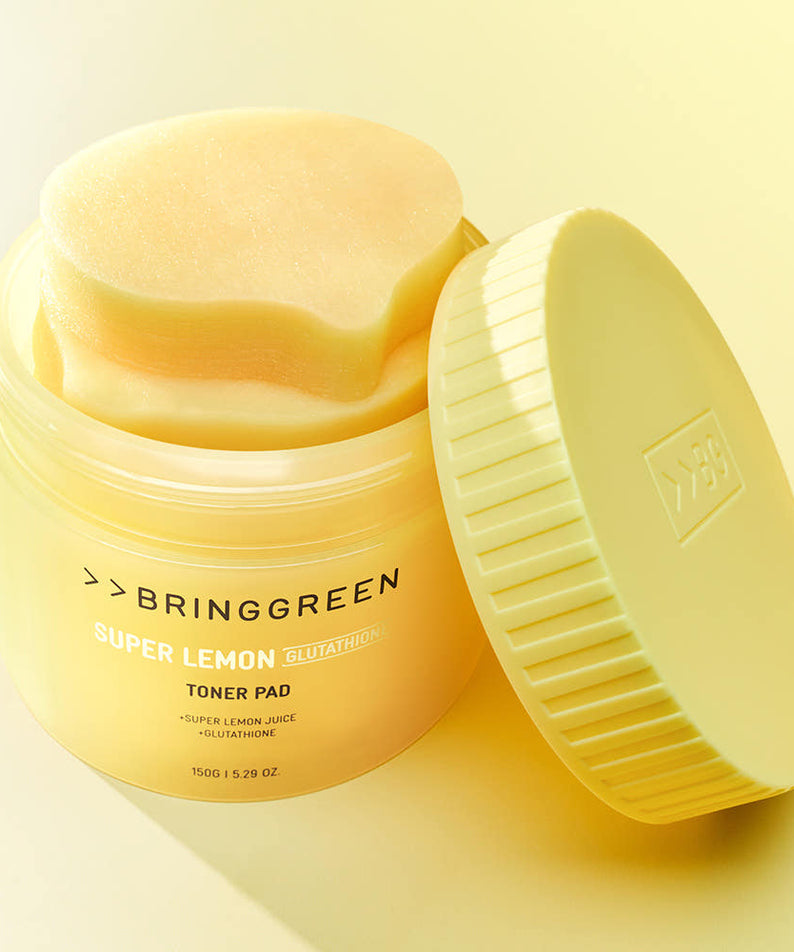 BRINGGREEN Super Lemon Glutathione Toner Pads 90 Pads + 90 Pad Refill Set, pads et pot jaune, marque sur fond clair