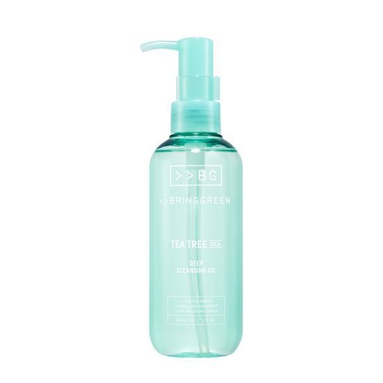 BRINGGREEN Tea Tree Cica Deep Cleansing Oil 200mL de la marque BRINGGREEN, flacon pompe vert en studio fond blanc