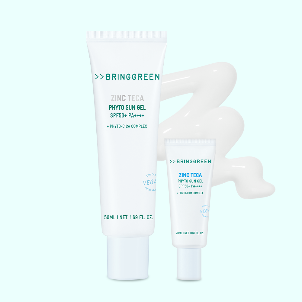 BRINGGREEN Zinc Teca Phyto Sun Gel 50ml / SPF50+ PA++++ en tube blanc sur fond clair, texture crème solaire.