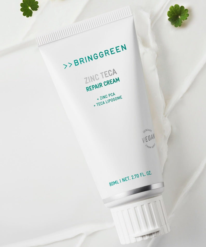 BRINGGREEN Zinc Teca Repair Blemish Cream 80ml, tube blanc sur fond clair avec trèfles; marque BRINGGREEN en visuel.