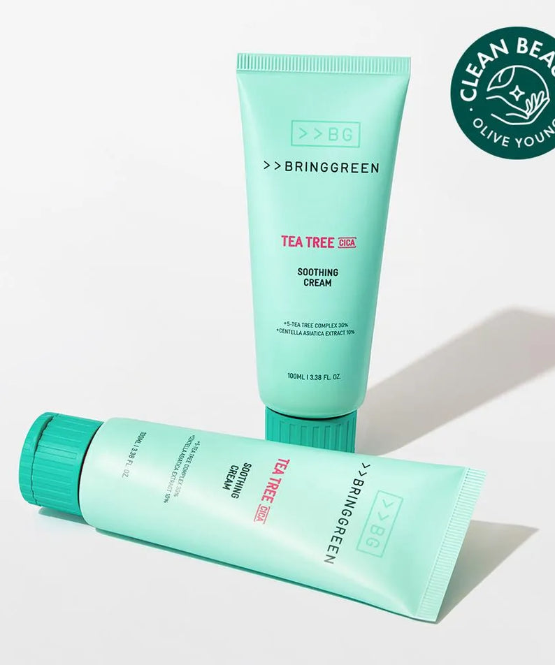 BRINGGREEN Teatree Cica Soothing Cream Plus 100ml, tube vert sur fond blanc, marque Clean Beauty, produit skincare apaisant