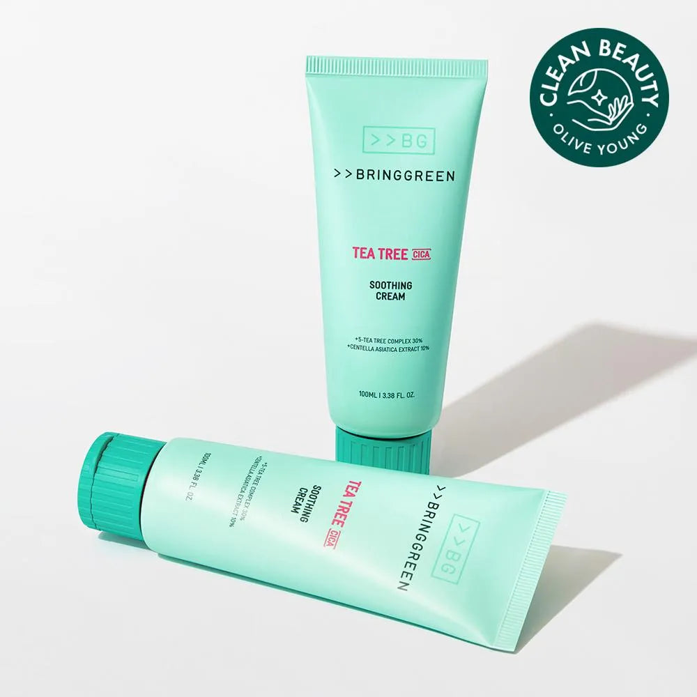 BRINGGREEN Teatree Cica Soothing Cream Plus 100ml, tube vert sur fond blanc, marque Clean Beauty, produit skincare apaisant