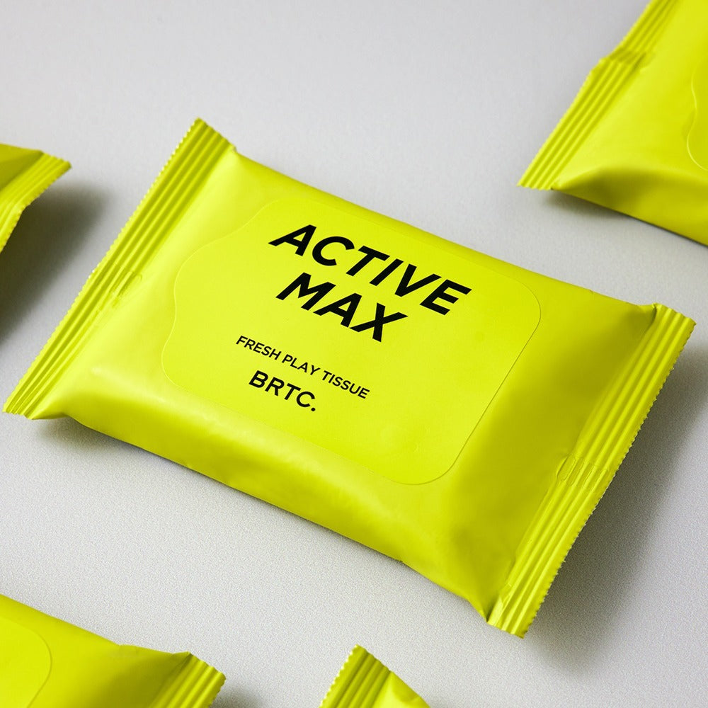 BRTC Homme Active Max Fresh Play Tissue 15 Sheets de BRTC, mouchoirs Active Max sur emballages jaunes, vue rapprochée.