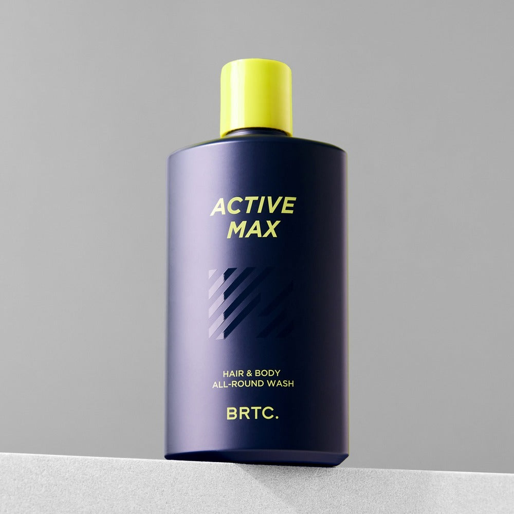 BRTC Homme Active Max Hair & Body All-Round Wash 200ml de BRTC, flacon bleu et jaune sur fond clair, visuel produit