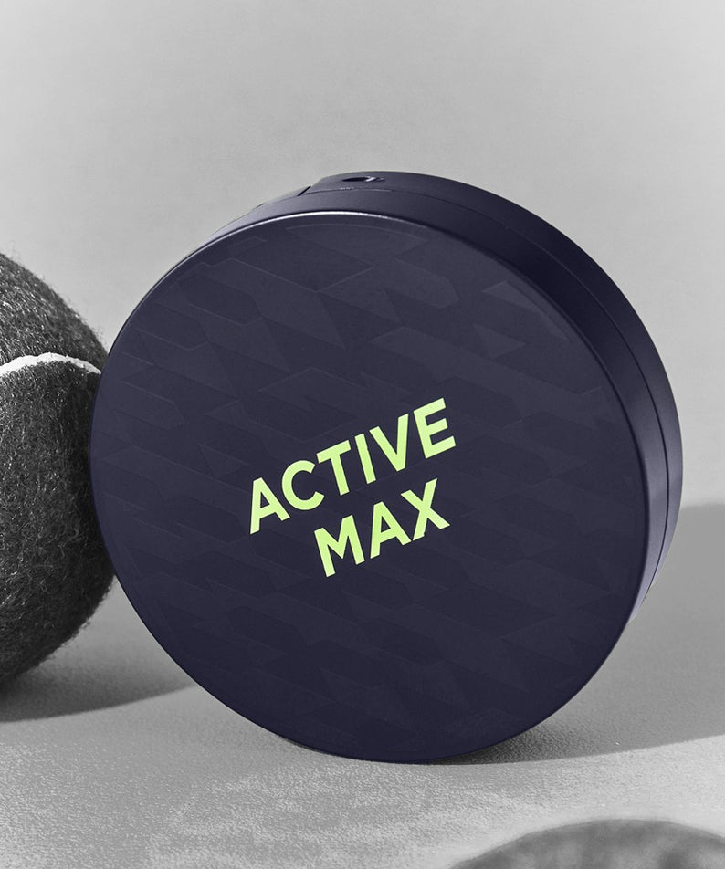 BRTC Homme Active Max Perfect Cushion 15g, pot bleu sur tissu gris, marque BRTC en visuel produit.