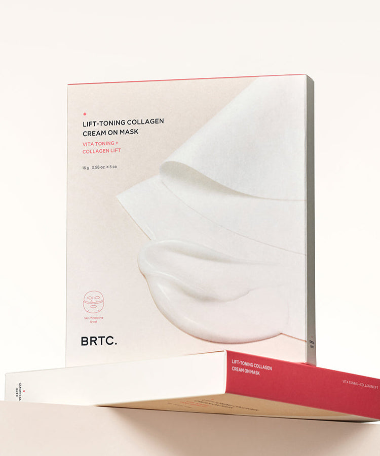BRTC Lifting Toning Collagen Cream On Mask 5 Sheets, masques collagène sur fond clair, marque BRTC visible sur le coffret.