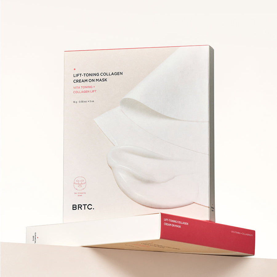 BRTC Lifting Toning Collagen Cream On Mask 5 Sheets, masques collagène sur fond clair, marque BRTC visible sur le coffret.