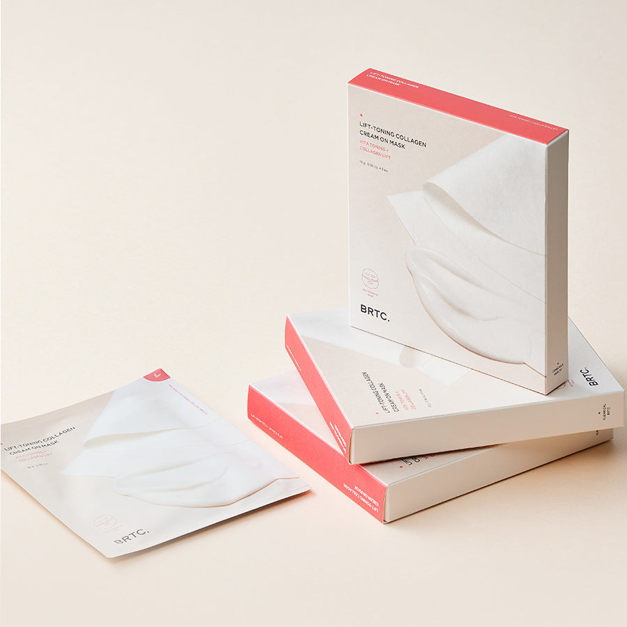 Décris l’image : BRTC Lifting Toning Collagen Cream On Mask 5 Sheets, masques visage en sachets, marque BRTC, packaging rouge