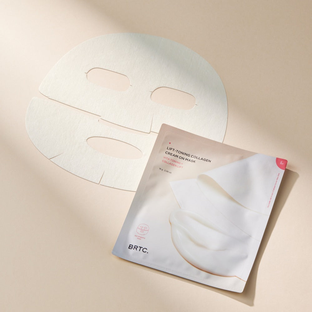 BRTC Lifting Toning Collagen Cream On Mask 5 Sheets: masque visage BRTC sur table, pack et feuilles à découpe.