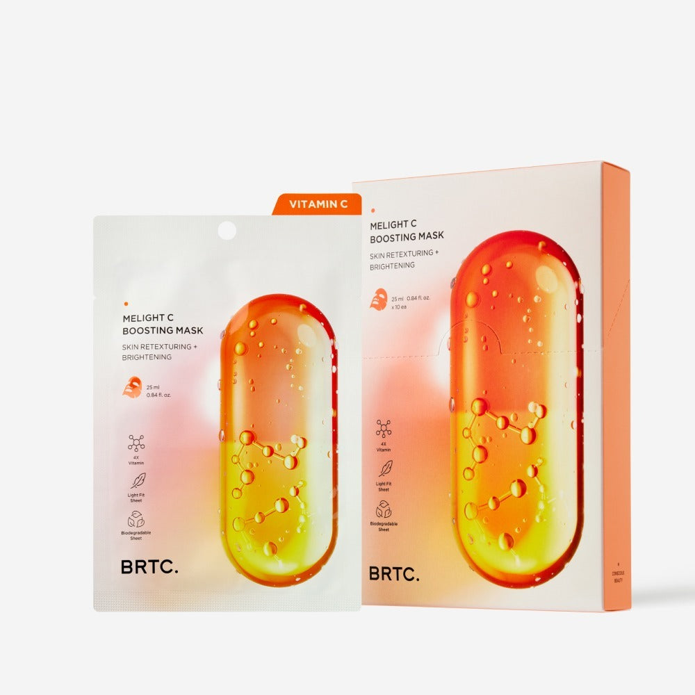 BRTC Melight C Boosting Mask 10 Sheets : masque au Vitamin C, boîte et sachets sur fond clair, vue produit.