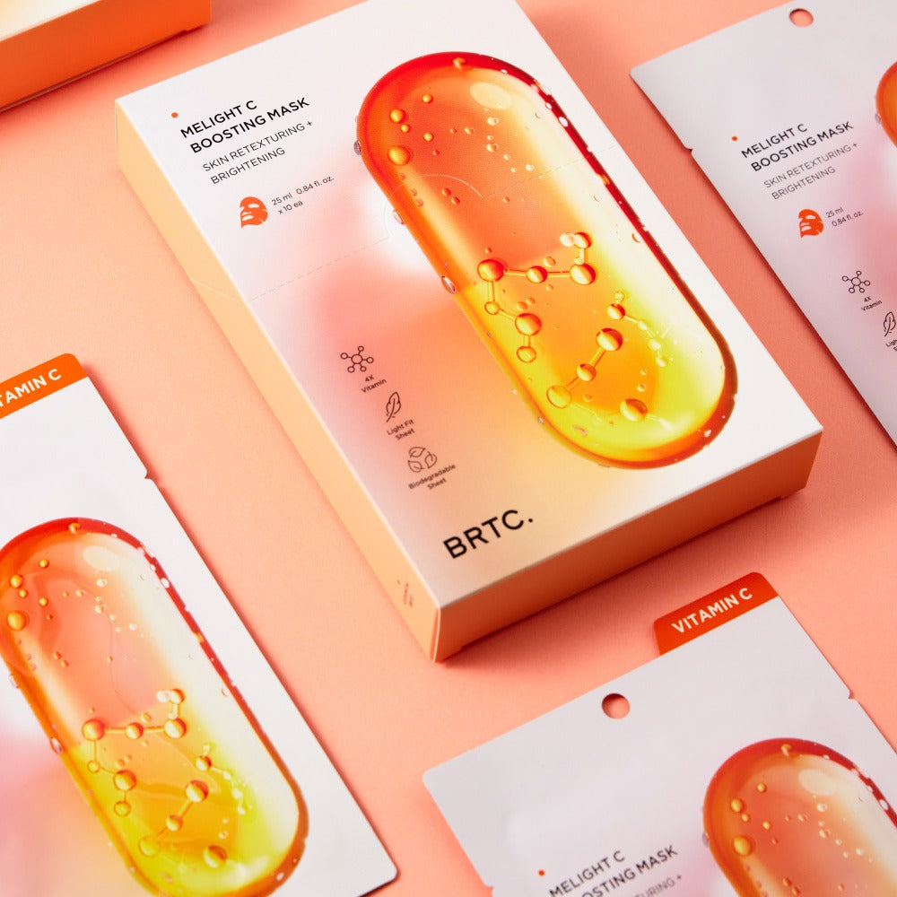 BRTC Melight C Boosting Mask 10 Sheets, boîtes sur fond rose pastel, visuel détaillé de masques vitamine C BRTC