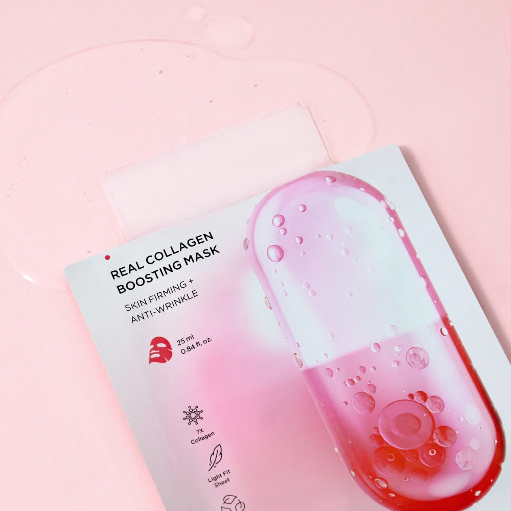 BRTC Real Collagen Bosting Mask 10 Sheets de BRTC, pack et gouttelettes sur fond rose, masque visage hydratant
