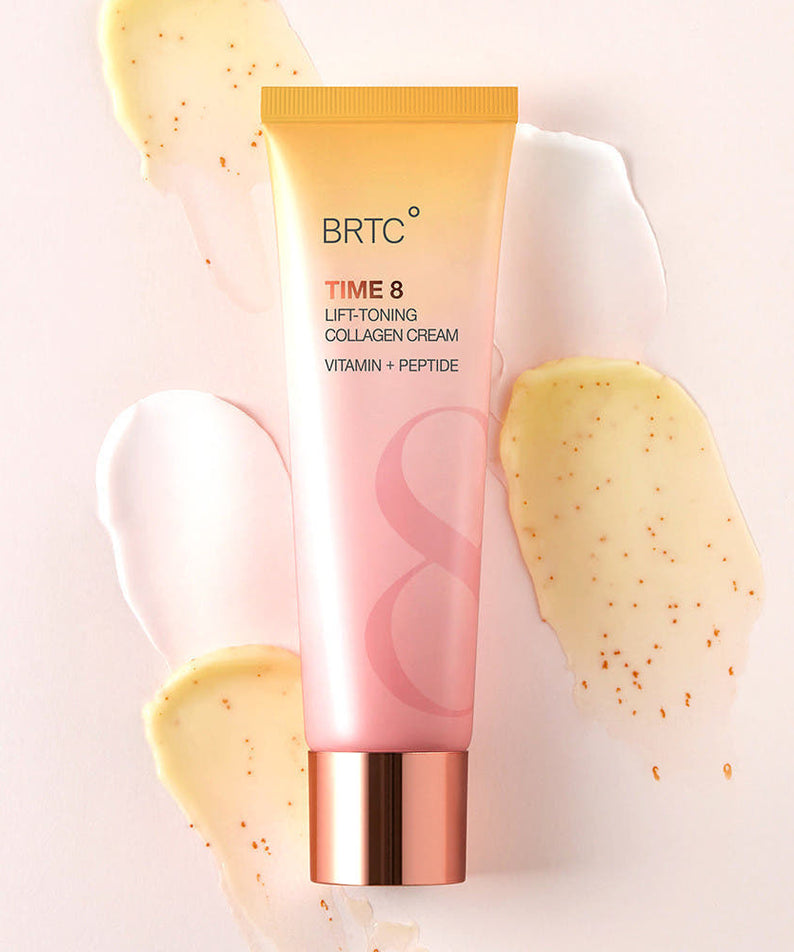 BRTC Time 8 LIft-Toning Collagen Cream 80ml BRTC, crème lift tonifiante sur fond clair avec texture crémeuse