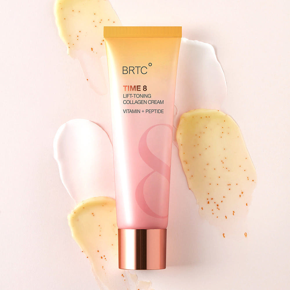 BRTC Time 8 LIft-Toning Collagen Cream 80ml BRTC, crème lift tonifiante sur fond clair avec texture crémeuse