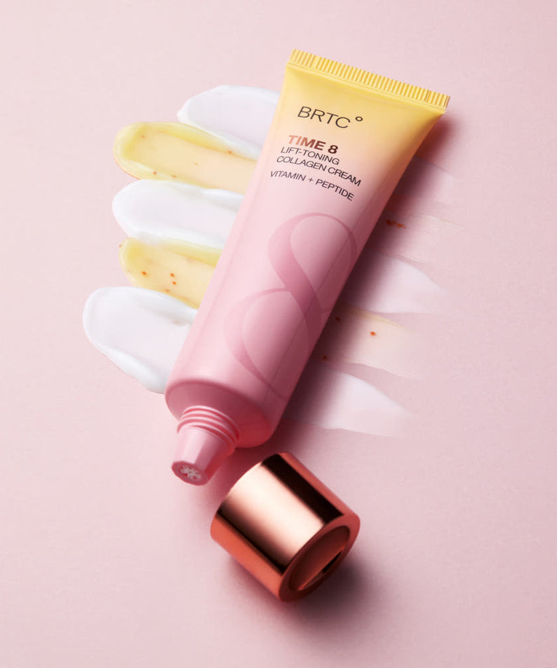 Décris l'image en français en mentionnant BRTC Time 8 LIft-Toning Collagen Cream 80ml, la marque BRTC, sur fond rose.