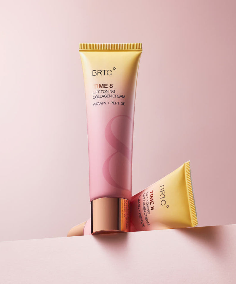 BRTC Time 8 LIft-Toning Collagen Cream 80ml de BRTC, tube rose sur fond pastel, contexte visuel promo beauté