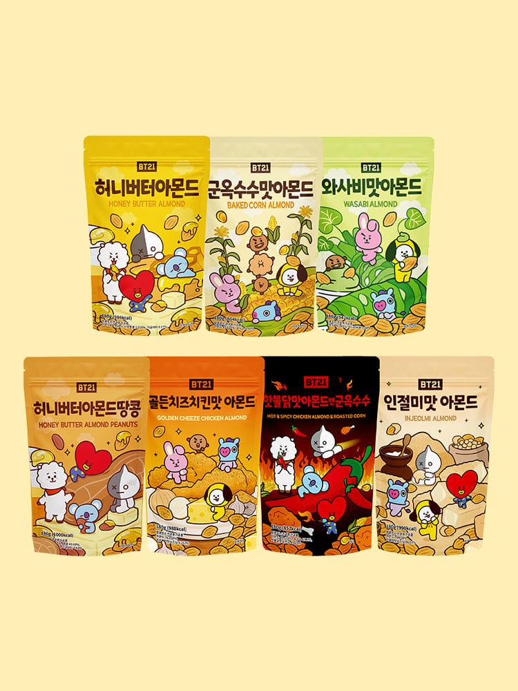 BT21 ALMOND (180g) : sachets officiels LINE FRIENDS avec personnages BT21, ambiance kawaii, sur fond beige