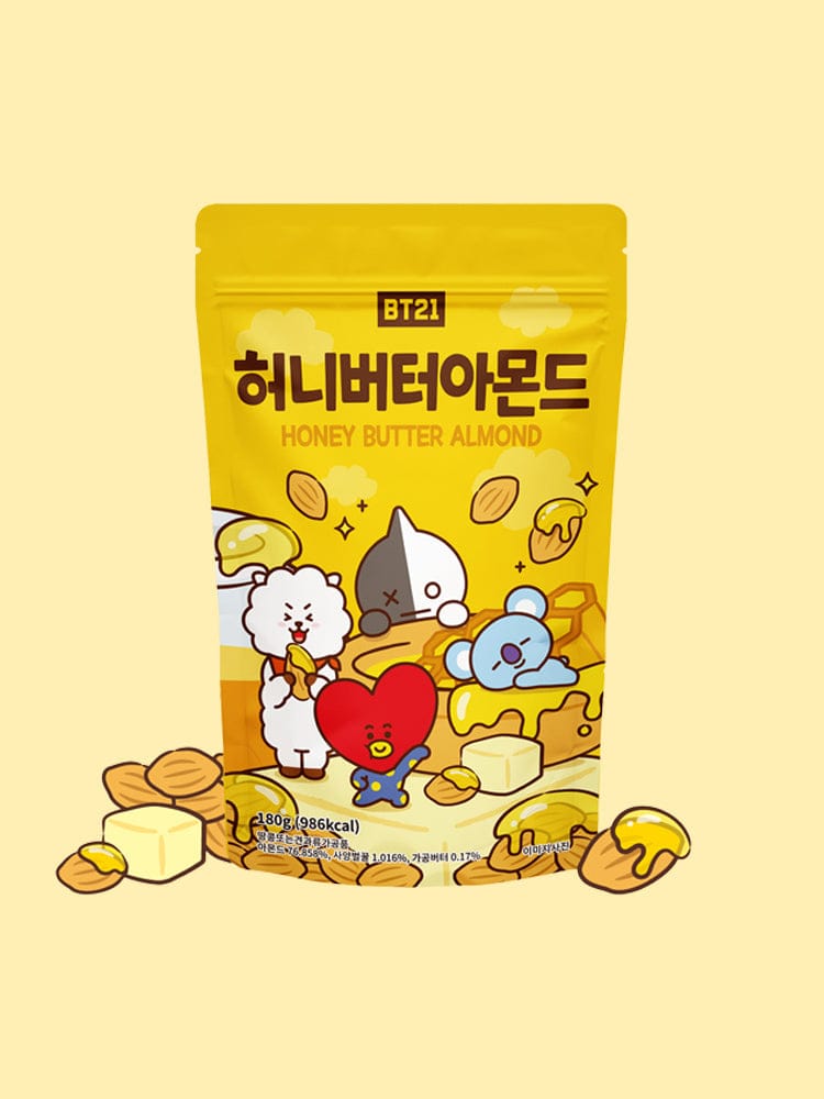 BT21 ALMOND (180g) LINE FRIENDS : sachet de Honey Butter Almond avec personnages BT21, décor kawaii chaleureux