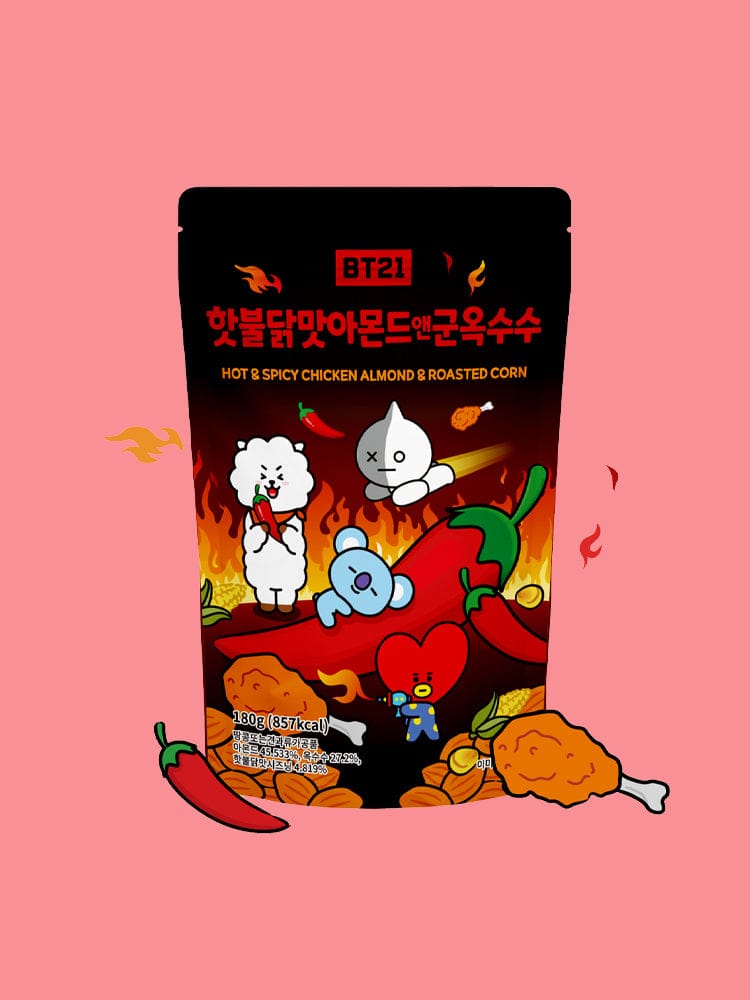 BT21 ALMOND (180g) LINE FRIENDS : sachet kawaii avec personnages BT21 en décor épicé et chaleureux sur fond rose