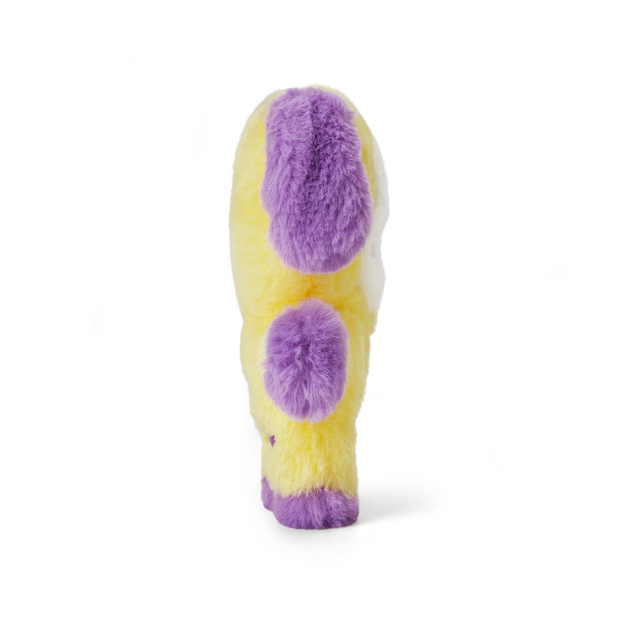 BT21 BABY CHIMMY FLAT FUR STANDING DOLL PURPLE HEART EDITION : peluche Chimm y, chiot violet et jaune sur fond blanc