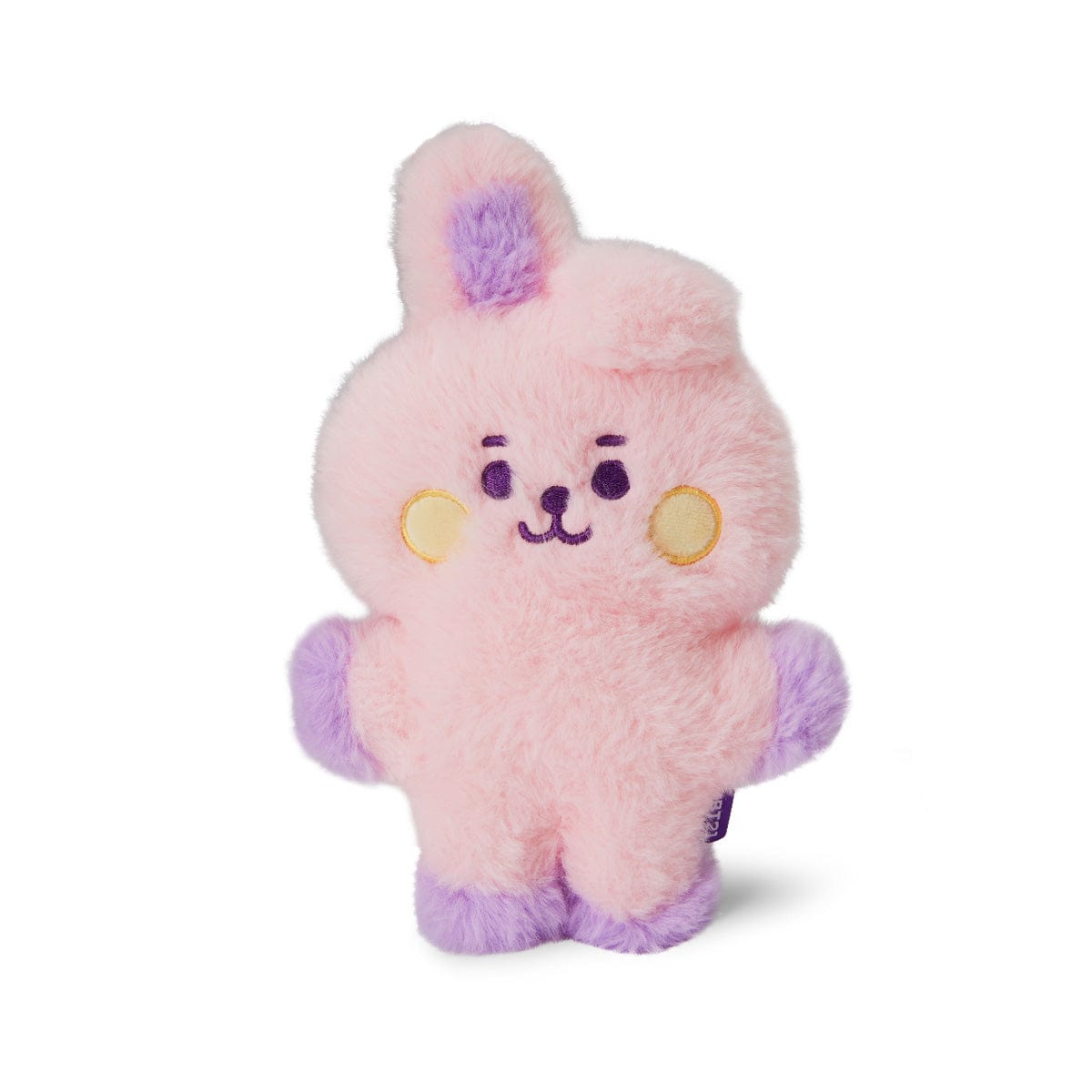 BT21 BABY COOKY FLAT FUR STANDING DOLL PURPLE HEART EDITION : peluche officielle rose et violette, en studio sur fond blanc.