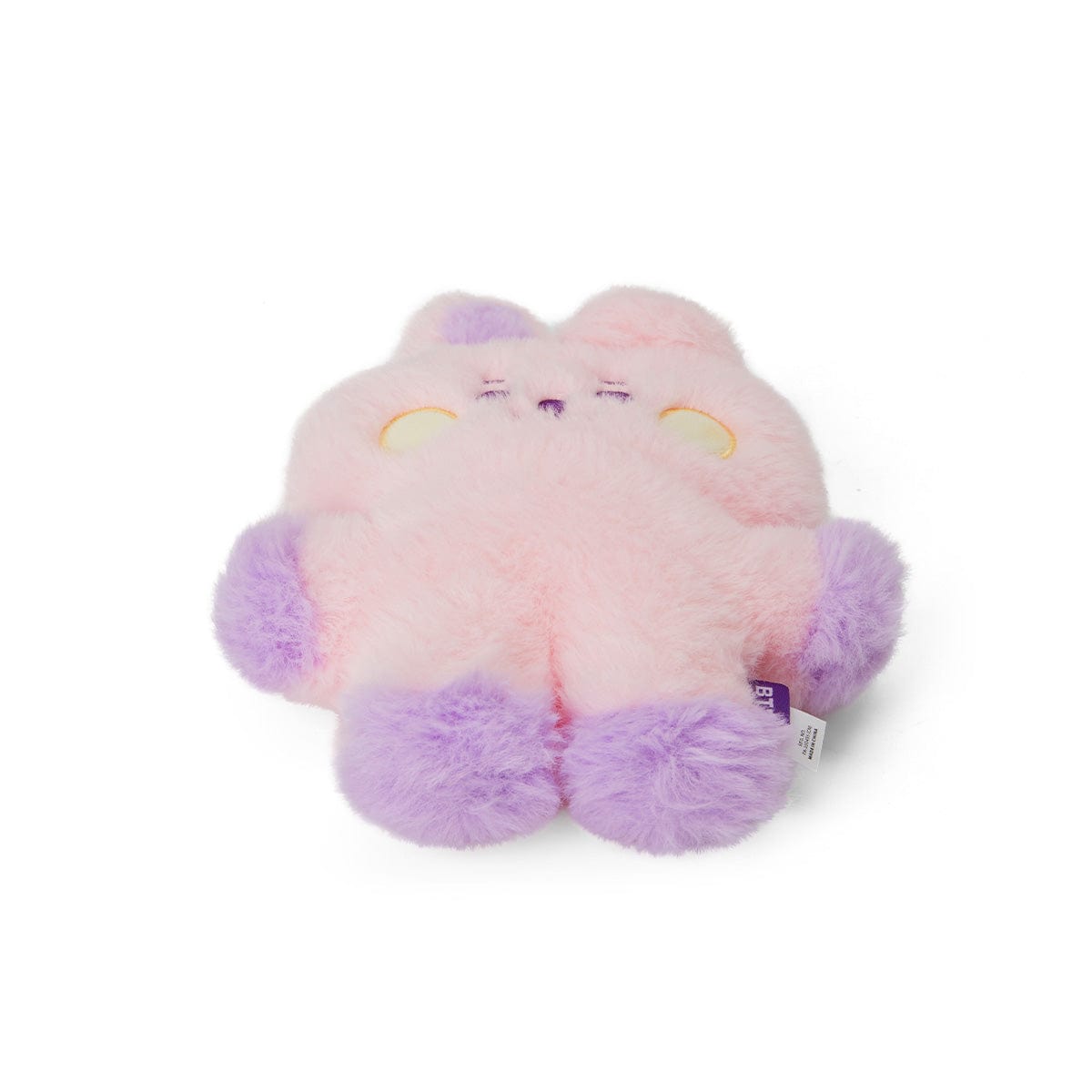 BT21 BABY COOKY FLAT FUR STANDING DOLL PURPLE HEART EDITION : peluche officielle rose et violette sur fond blanc.