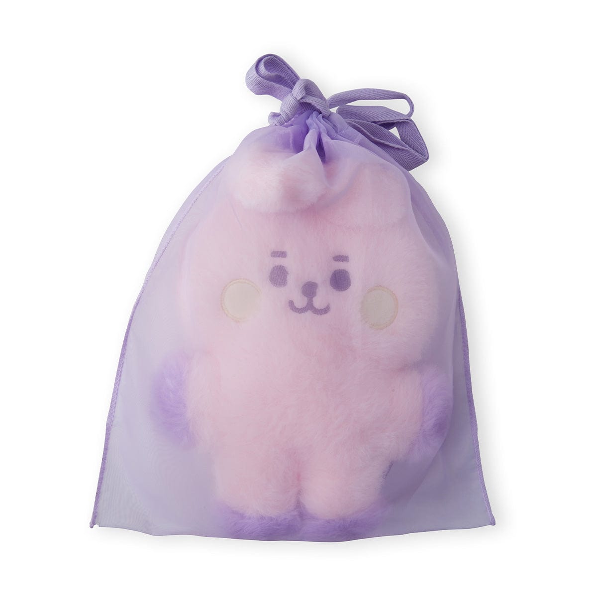 BT21 BABY COOKY FLAT FUR STANDING DOLL PURPLE HEART EDITION : peluche officielle COOKY violette en sachet, fond clair.