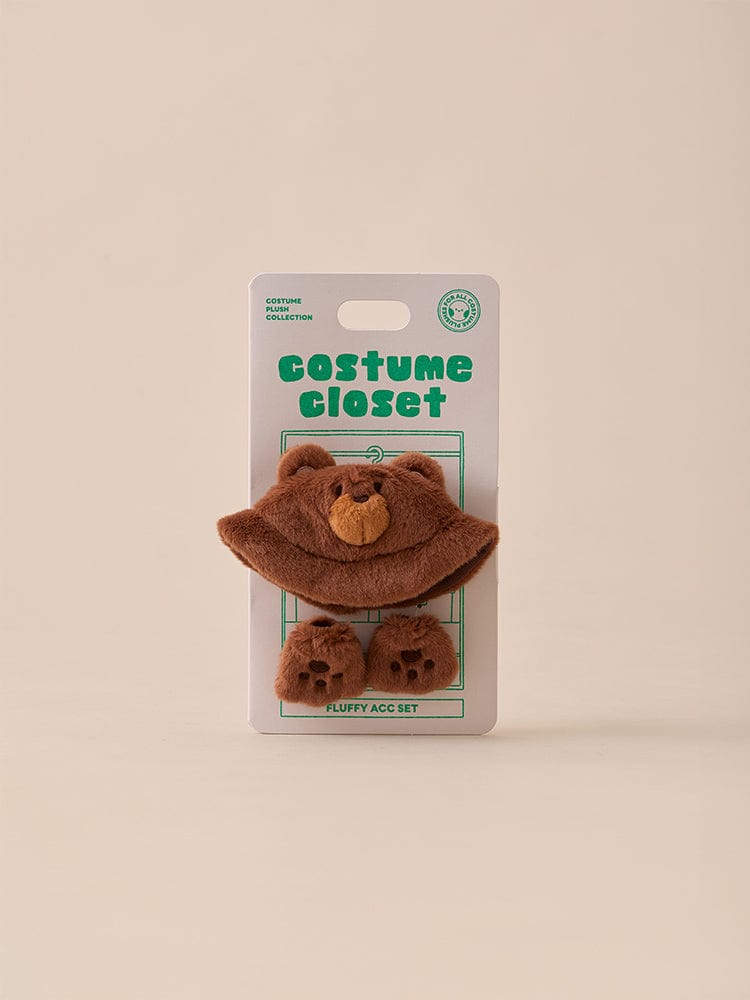 BT21 BABY COSTUME PLUSH CLOSET - BEAR FLUFFY, peluche ours en costume, boîte produit, décor studio beige