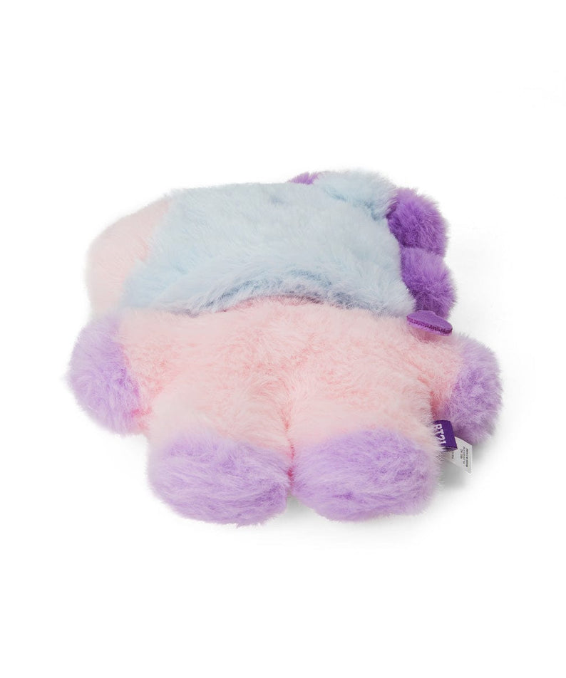 BT21 BABY MANG FLAT FUR STANDING DOLL PURPLE HEART EDITION, peluche Mang danseur masqué BT21, cœur violet, fond blanc.