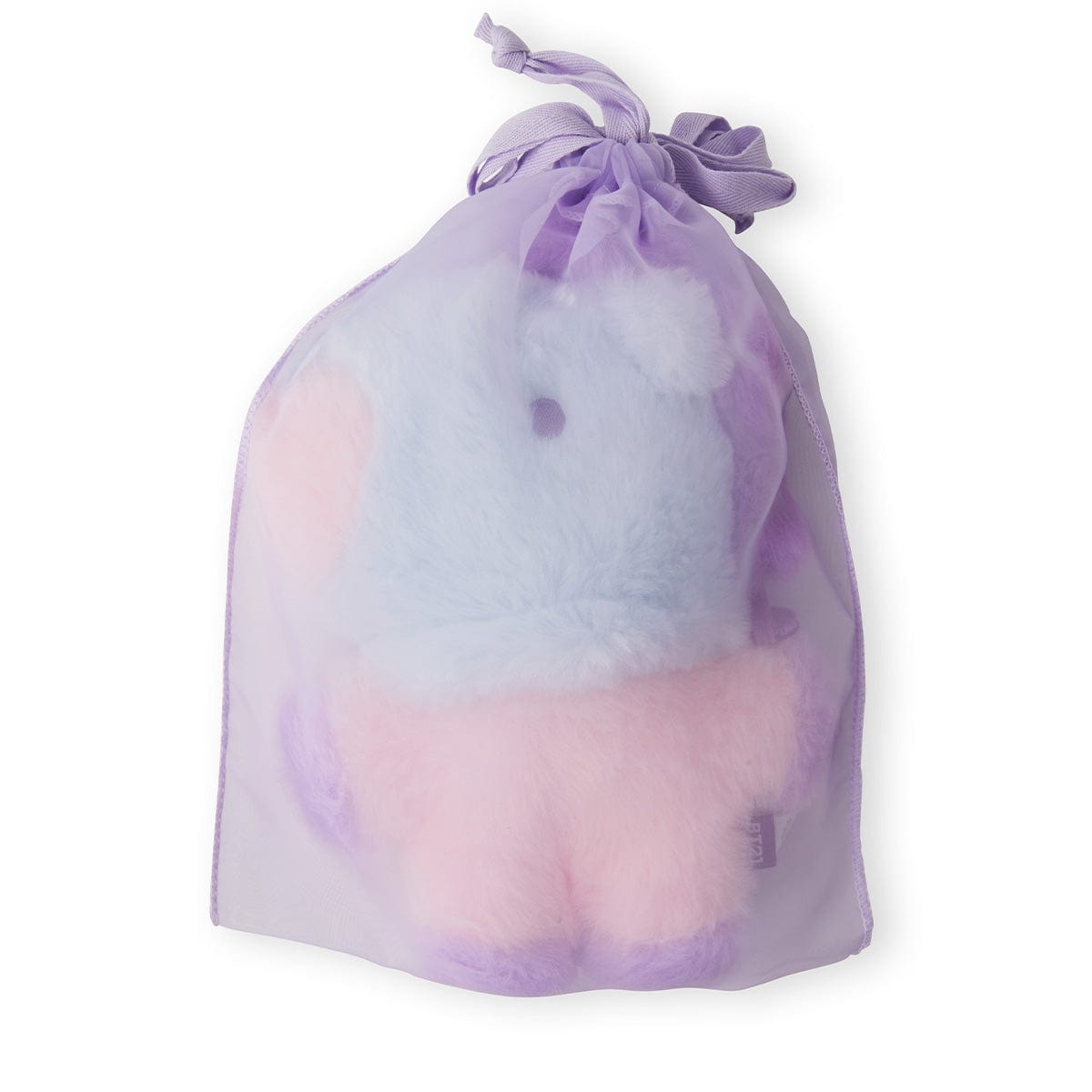 BT21 BABY MANG FLAT FUR STANDING DOLL PURPLE HEART EDITION, peluche Mang violette dans son pochon violet, fond blanc.