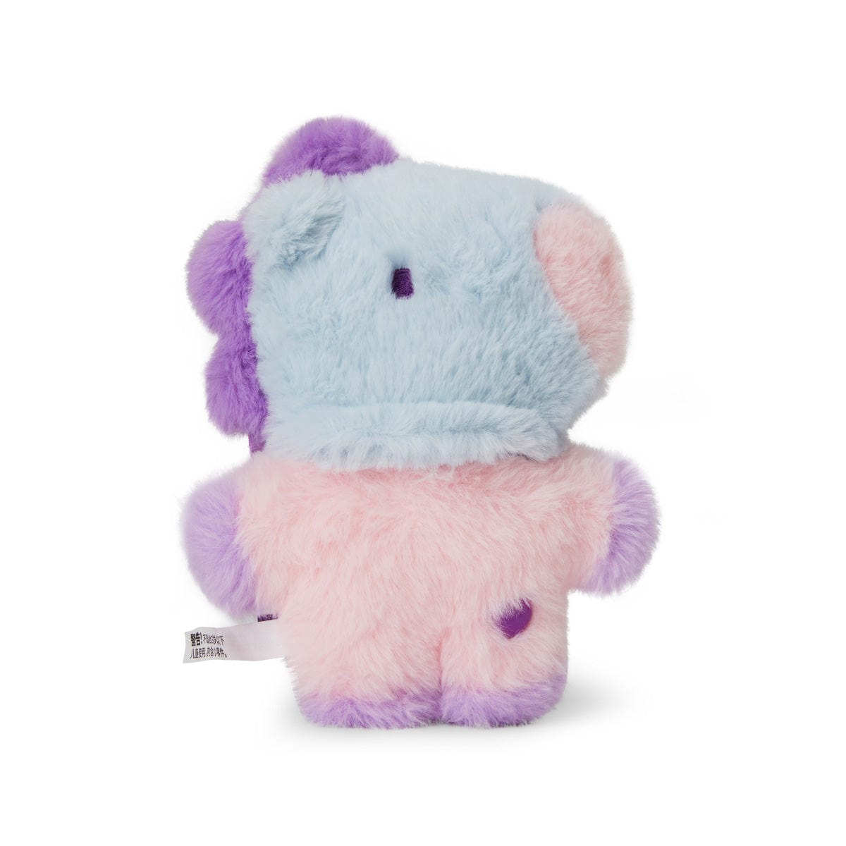 BT21 BABY MANG FLAT FUR STANDING DOLL PURPLE HEART EDITION : peluche debout MANG, fourrure violette et bleu clair, fond blanc.