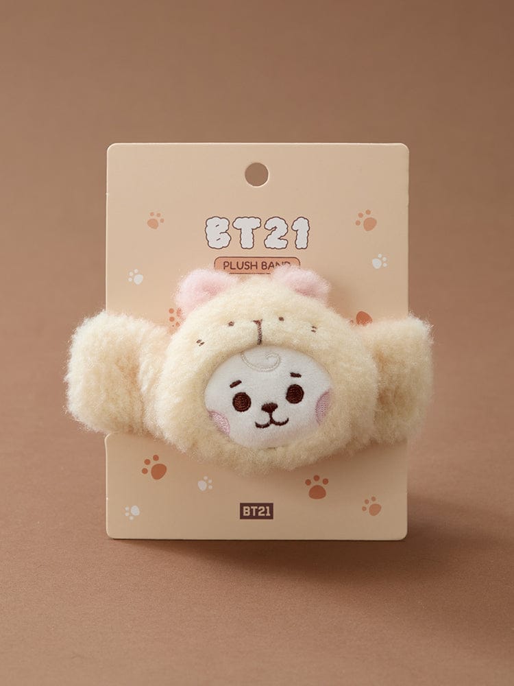 BT21 BABY MORE FLUFFY FACE PLUSH BAND : peluche bébé BT21 sur carte, face ultra moelleuse, LINE FRIENDS, décor chambre.