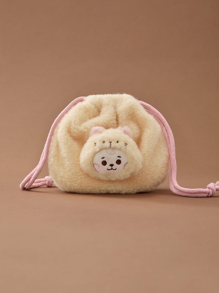 BT21 BABY MORE FLUFFY FACE PLUSH STRING POUCH, peluche sac à corde More sur fond beige, marque BT21