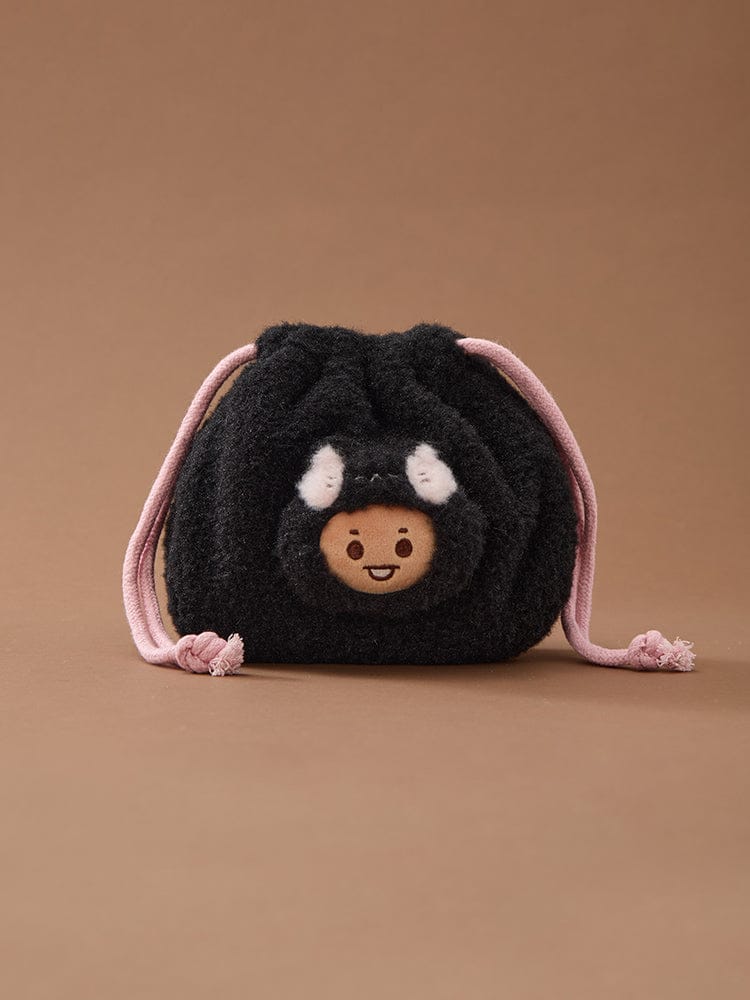 BT21 BABY MORE FLUFFY FACE PLUSH STRING POUCH, peluche More fluffy avec cordon, sur fond beige, marque BT21 LINE FRIENDS.