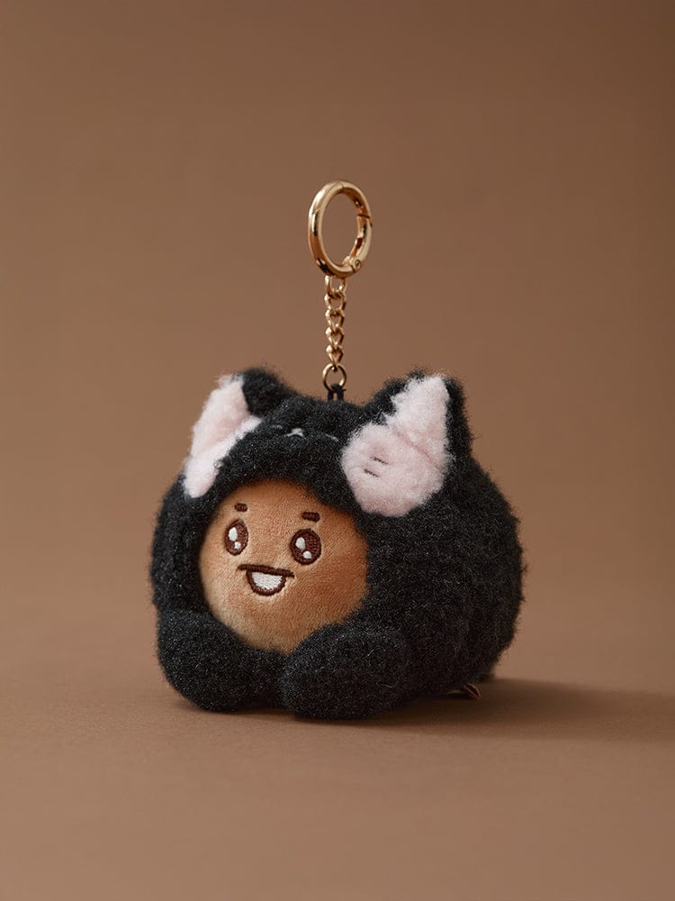 BT21 BABY MORE FLUFFY PLUSH KEYRING, porte-clés peluche noir et beige sur fond beige, accessoire LINE FRIENDS