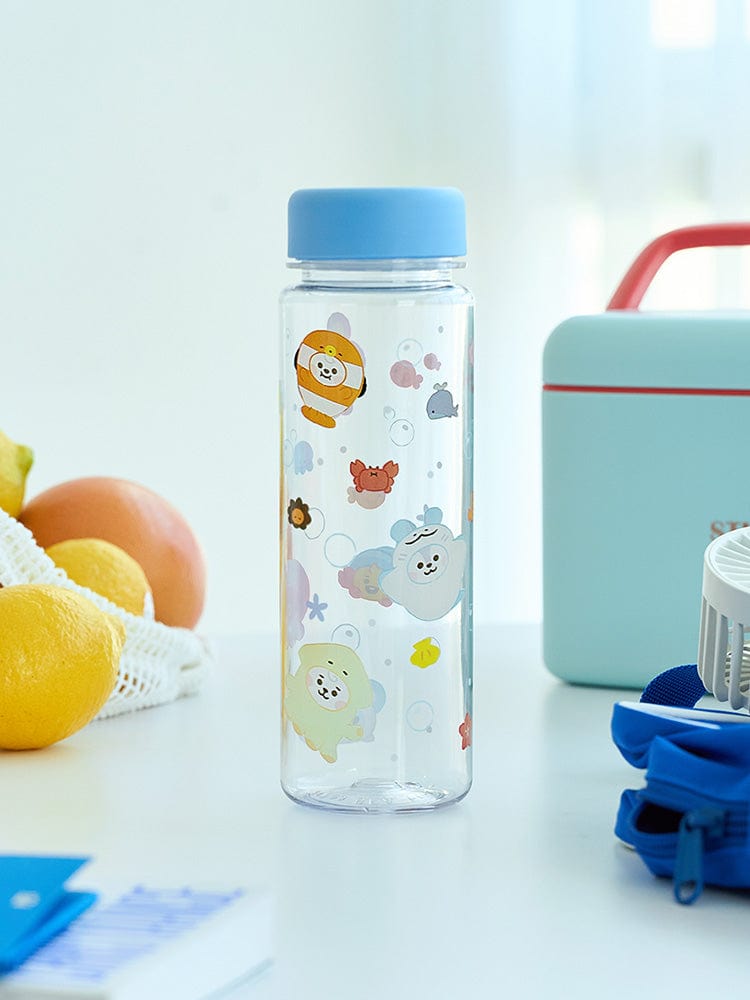 BT21 BABY PLASTIC BOTTLE WITH LID OCEAN FRIENDS, bouteille bébé en plastique bleu, décor kawaii océan, LINE FRIENDS