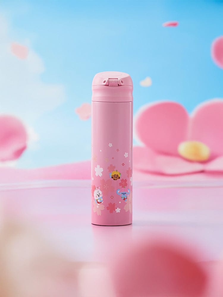 BT21 BABY TUMBLER(16oz) SPRING FAIRY de LINE FRIENDS, bouteille rose kawaii sur décor fleurs et cœurs pastel.