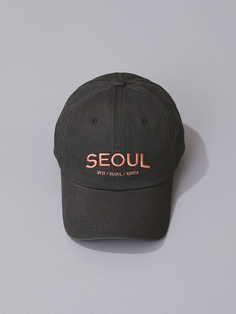 BT21 BASEBALL CAP SEOUL EDITION, casquette noire officielle LINE FRIENDS, logo SEOL rouge sur fond gris, style K-pop