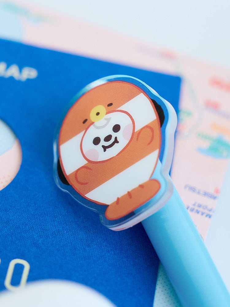 BT21 CHIMMY BABY ACRYLIC GEL PEN OCEAN FRIENDS, stylo gel officiel LINE FRIENDS avec badge CHIMMY sur fond bleu