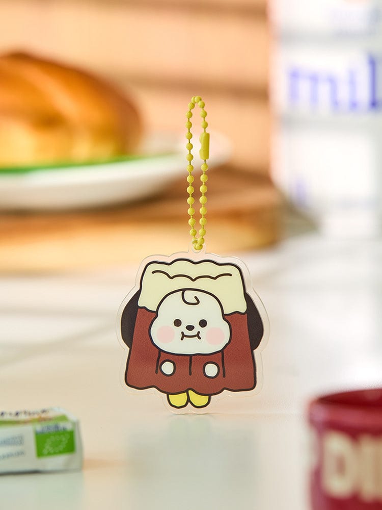 BT21 CHIMMY BABY ACRYLIC KEYRING BAKERY SHOP : porte-clés CHIMMY avec breloque sur fond boulangerie, officiel LINE FRIENDS
